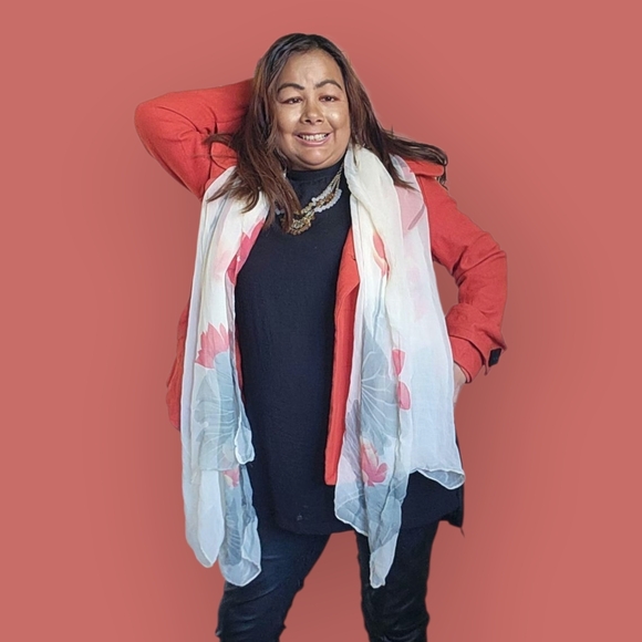 Floral Cream and Red Scarf - Picture 7 of 10